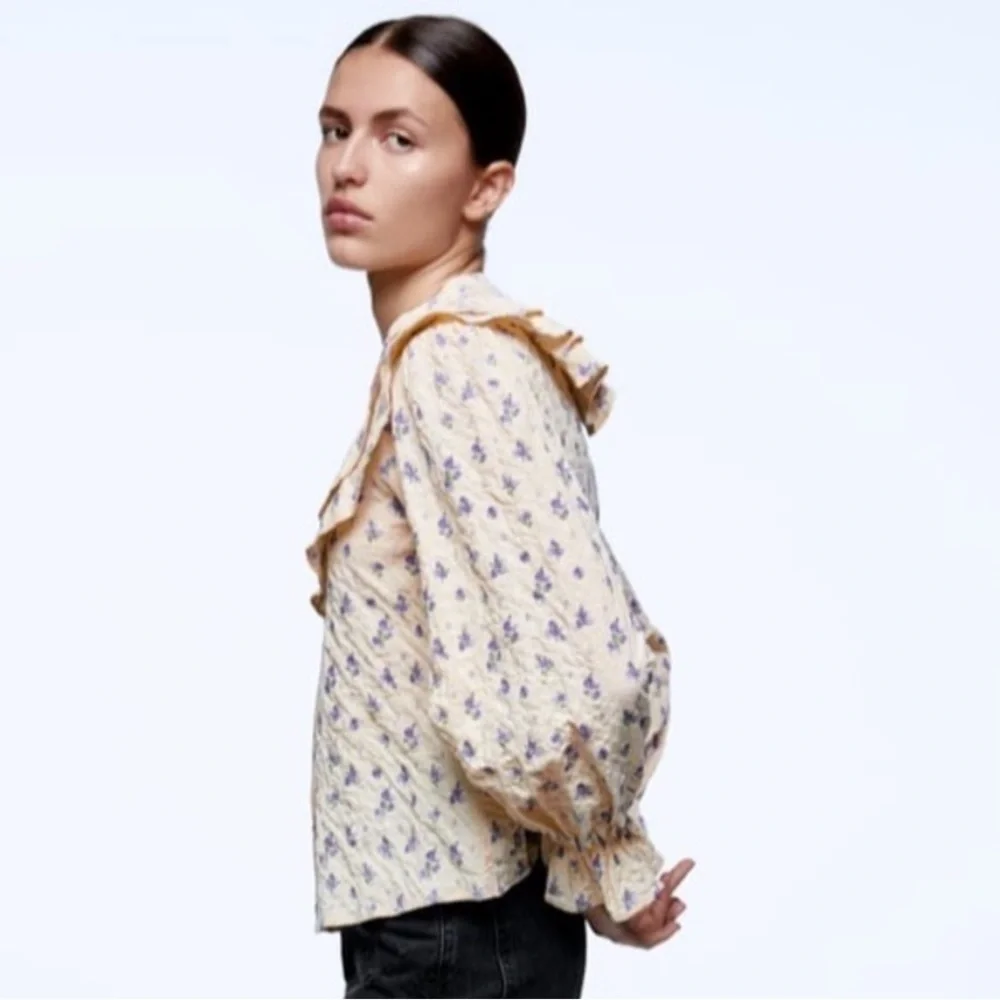 Zara Floral Textured Long Sleeve Top Bib Collar Blouse